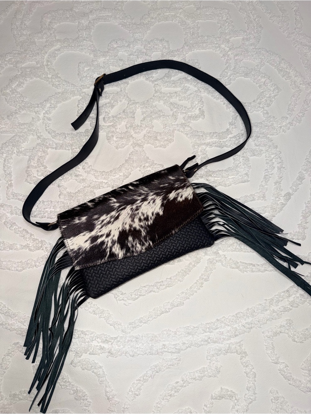 Black & White Cowhide Fringe Crossbody Bag